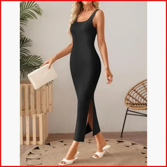 Sleeveless Square Neck Bodycon Midi Dress Side Slit Knit Casual - Picture 3 of 7